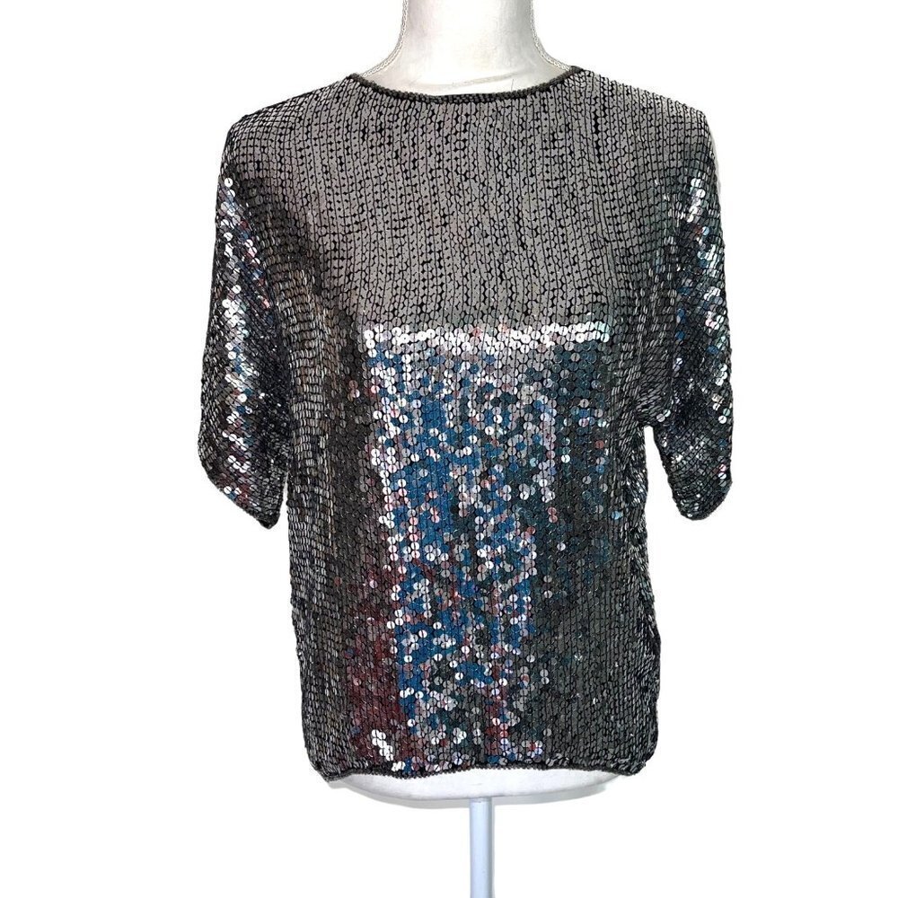 Albert Paul Womens Silver Sequin Top Size Medium M Silk Vintage Short Sleeve